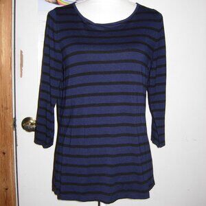 Three Dots Blue Black Striped 3/4 Sleeve Top XL